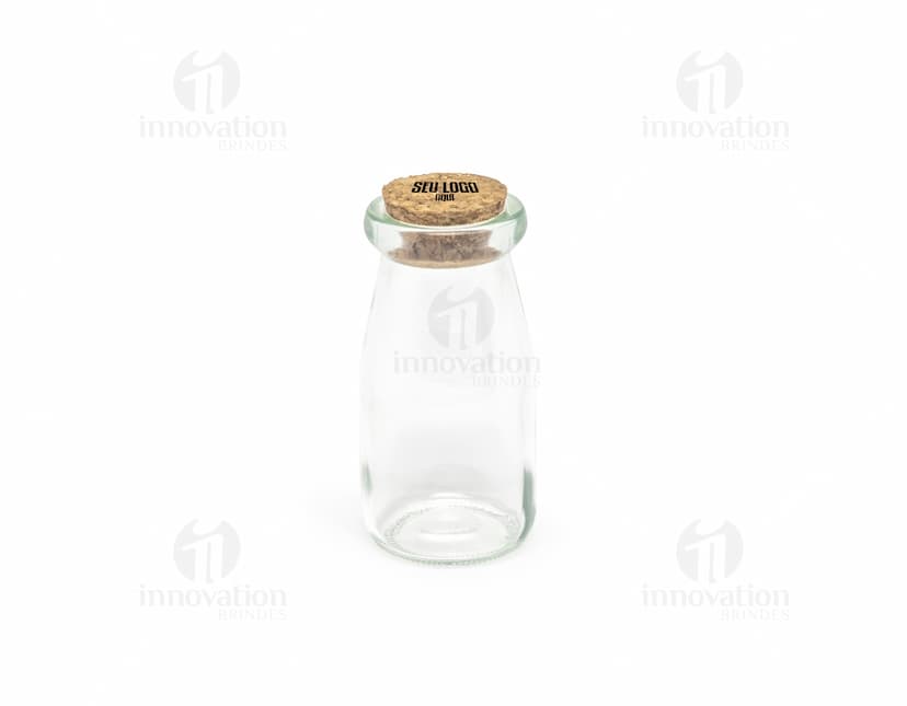 Frasco de vidro transparente de 100ml com tampa de metal, vazio e com rótulo em branco. O frasco pode ser usado para armazenar líquidos como água, leite, remédios ou produtos cosméticos. Ideal para manter a saúde e higiene, mantendo os produtos frescos e puros.