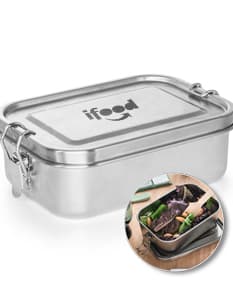 Marmita hermética de metal prateado com alça preta, fechadura, botão de segurança e visor digital. Container resistente para armazenamento de comida, ideal para transporte e armazenamento de refeições.