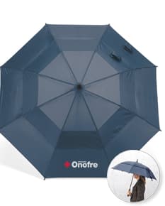 Guarda-chuva em poliéster 100%, com design aberto e colorido em forma de presente, decorado com laço e fita. Ideal para proteção contra a chuva e como um símbolo de celebração e presente.