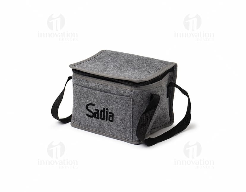 Bolsa térmica de 5 litros em um ambiente doméstico, próximo a uma torradeira e outros utensílios de cozinha. A bolsa está vazia, feita de material durável e em tom de marrom, com detalhes em metal.