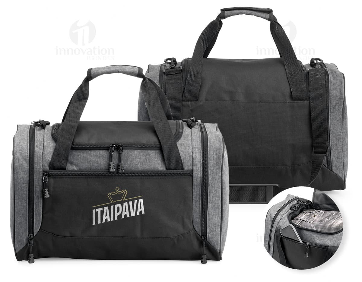 Bolsa esportiva de couro na cor preta, com capacidade de 46 litros, alça de ombro, fecho de zíper, design moderno e elegante. Ideal para viagens, academia, ou passeios casuais.