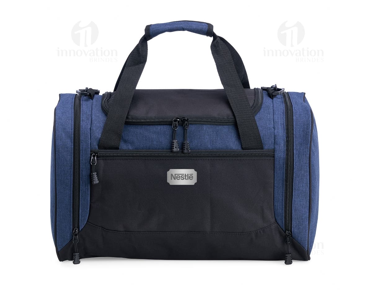 Bolsa esportiva de couro na cor preta, com capacidade de 46 litros, alça de ombro, fecho de zíper, design moderno e elegante. Ideal para viagens, academia, ou passeios casuais.