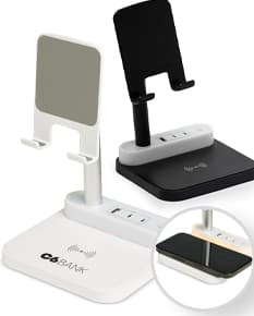Base de Carregamento para dispositivos eletrônicos, como computador, laptop, celular e tablet. Equipamento moderno e tecnológico com conexão wireless, ideal para carregar diversos aparelhos ao mesmo tempo. Estação de carregamento com design elegante em preto e prata, perfeito para uso em escritórios e em casa.
