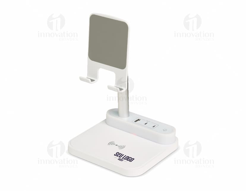 Base de Carregamento para dispositivos eletrônicos, como computador, laptop, celular e tablet. Equipamento moderno e tecnológico com conexão wireless, ideal para carregar diversos aparelhos ao mesmo tempo. Estação de carregamento com design elegante em preto e prata, perfeito para uso em escritórios e em casa.