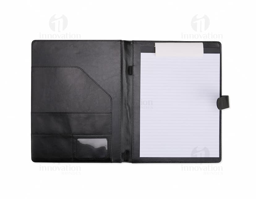 Pasta de convenção em couro preto com fecho imantado, ideais para armazenar documentos, laptop, dinheiro e outros objetos de trabalho. Perfeitas para celebrar a formatura ou conquista de sucesso.