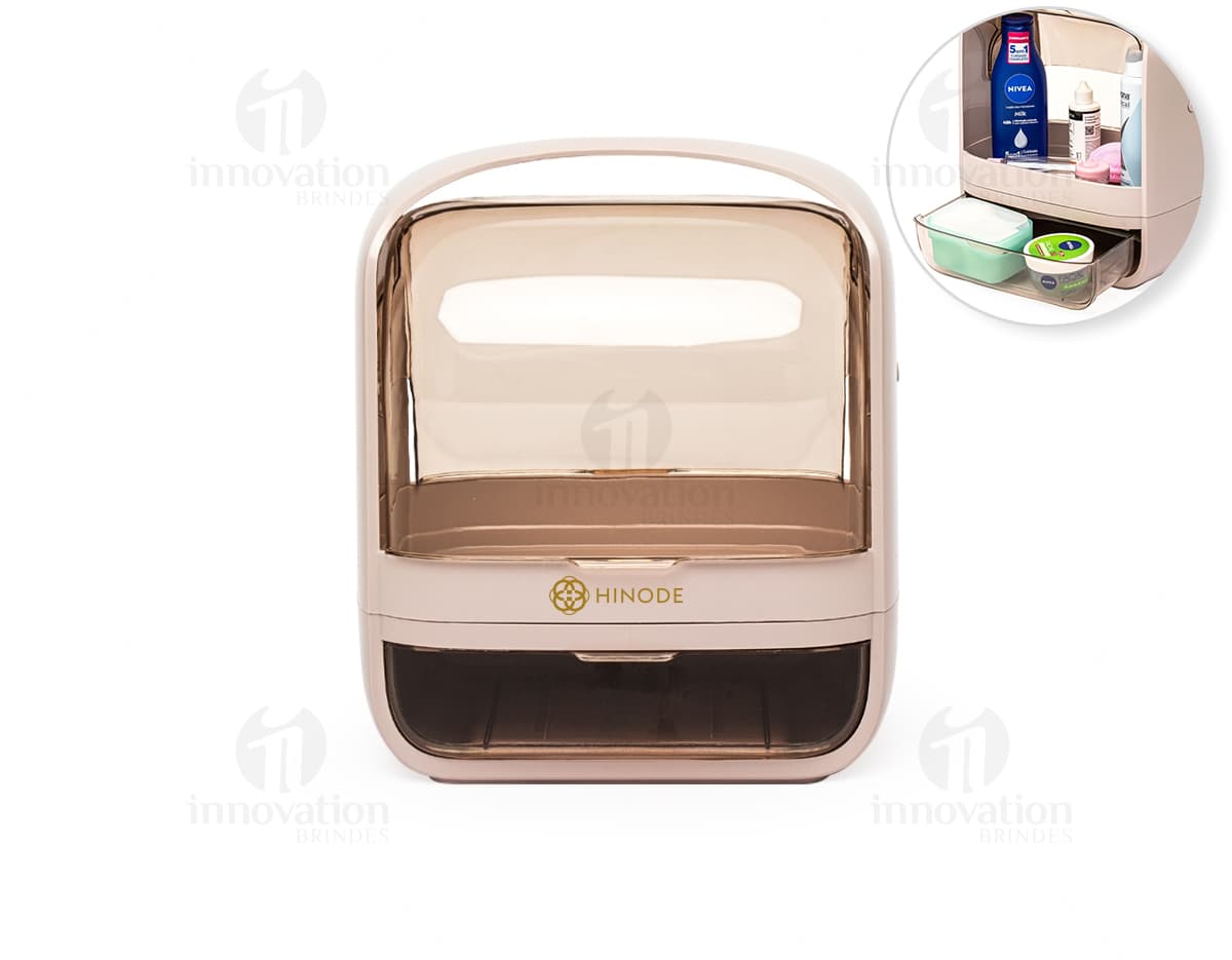 Caixa organizadora de cosméticos em acrílico transparente, com divisórias internas para guardar maquiagens e acessórios de beleza.