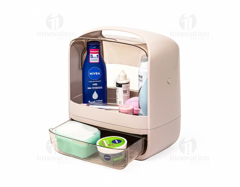 Caixa organizadora de cosméticos em acrílico transparente, com divisórias internas para guardar maquiagens e acessórios de beleza.
