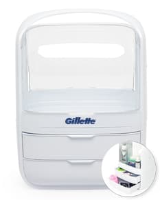Caixa organizadora de cosméticos em formato de botão quadrado, com chave e sombra. Feito de plástico transparente e moderno, com teclado brilhante e metálico. Possui design simples e brilhante, na cor laranja vibrante e roxo. Ideal para organizar produtos de beleza e protegê-los.