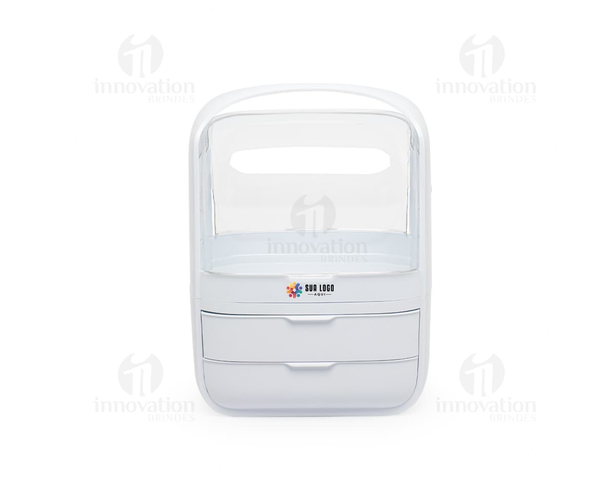 Caixa organizadora de cosméticos em formato de botão quadrado, com chave e sombra. Feito de plástico transparente e moderno, com teclado brilhante e metálico. Possui design simples e brilhante, na cor laranja vibrante e roxo. Ideal para organizar produtos de beleza e protegê-los.