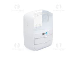 Caixa organizadora de cosméticos em formato de botão quadrado, com chave e sombra. Feito de plástico transparente e moderno