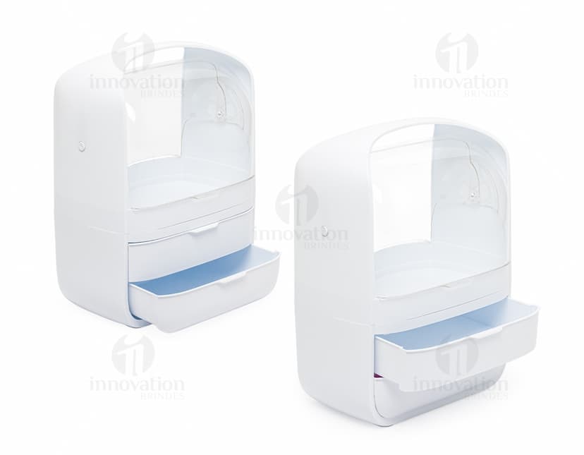 Caixa organizadora de cosméticos em formato de botão quadrado, com chave e sombra. Feito de plástico transparente e moderno, com teclado brilhante e metálico. Possui design simples e brilhante, na cor laranja vibrante e roxo. Ideal para organizar produtos de beleza e protegê-los.
