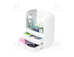 Caixa organizadora de cosméticos em formato de botão quadrado, com chave e sombra. Feito de plástico transparente e moderno
