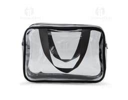 Nécessaire PVC em tom azul marinho com fecho em zíper e etiqueta de marca transparente.