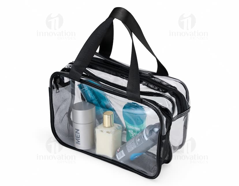 Nécessaire PVC em tom azul marinho com fecho em zíper e etiqueta de marca transparente.