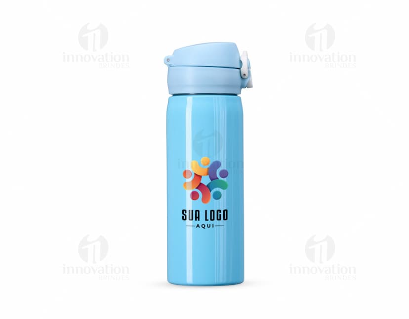 Garrafa Inox 500ml, cor prateada com tampa de rosca e design moderno.