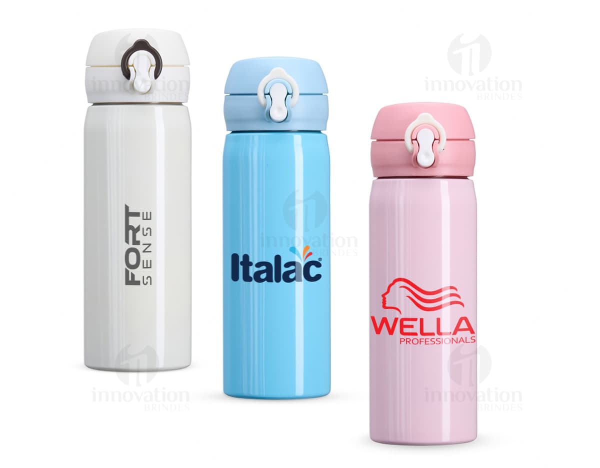 Garrafa Inox 500ml, cor prateada com tampa de rosca e design moderno.