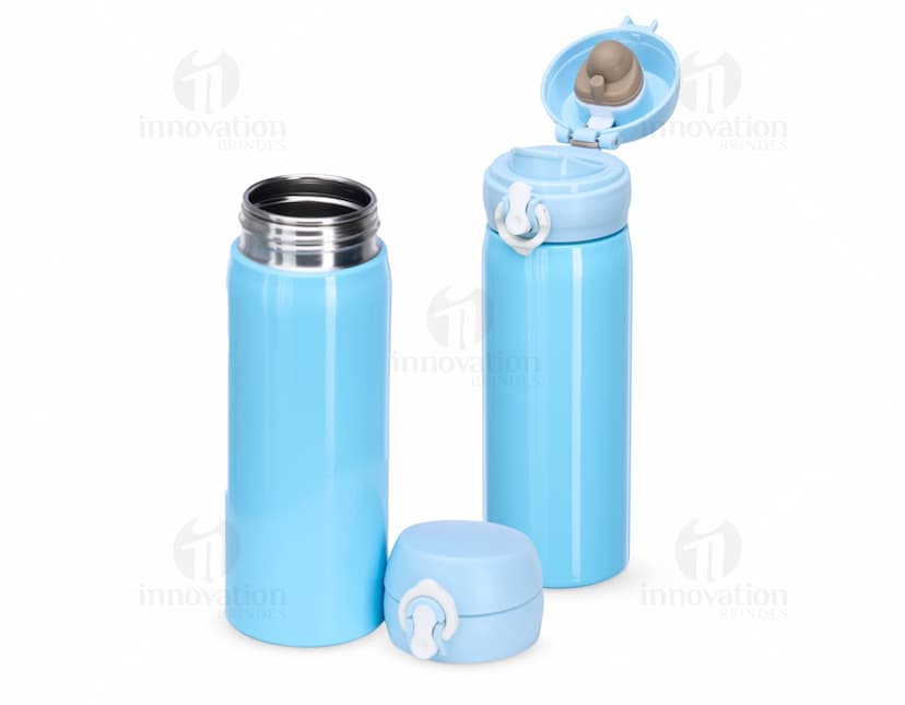 Garrafa Inox 500ml, cor prateada com tampa de rosca e design moderno.