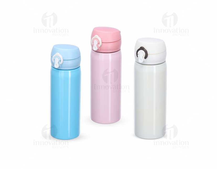 Garrafa Inox 500ml, cor prateada com tampa de rosca e design moderno.