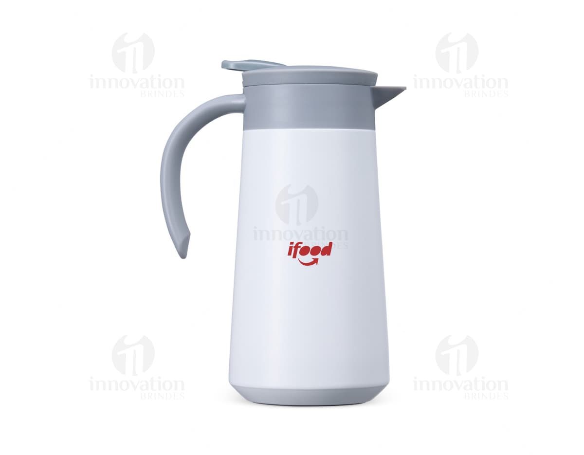 Garrafa térmica de 800ml em aço inoxidável com tampa e alça na cor prata.