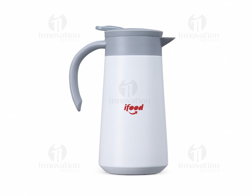 Garrafa térmica de 800ml em aço inoxidável com tampa e alça na cor prata.