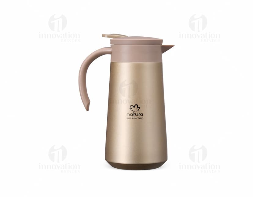 Garrafa térmica de 800ml em aço inoxidável com tampa e alça na cor prata.