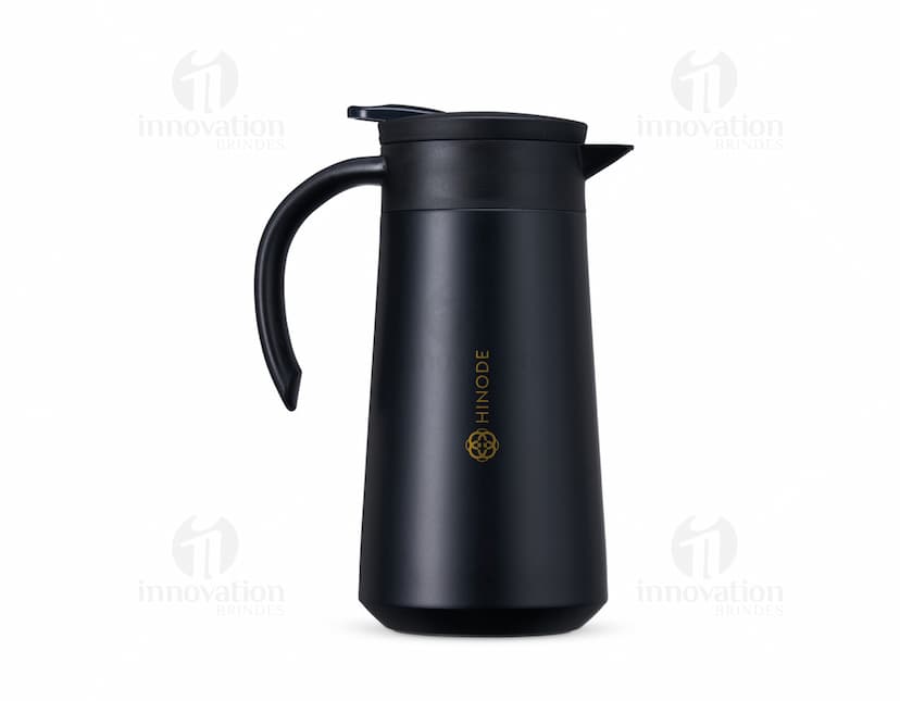 Garrafa térmica de 800ml em aço inoxidável com tampa e alça na cor prata.