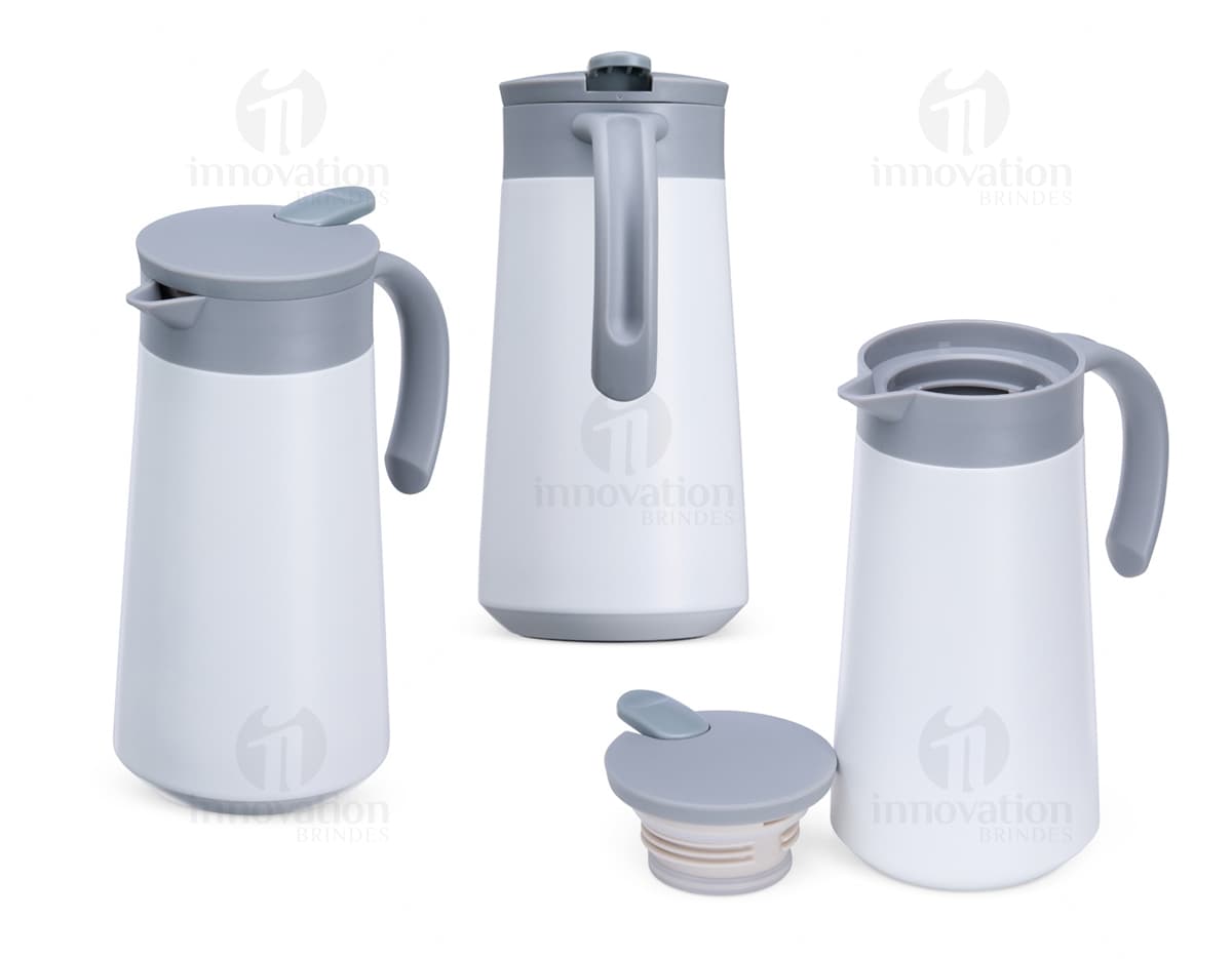 Garrafa térmica de 800ml em aço inoxidável com tampa e alça na cor prata.