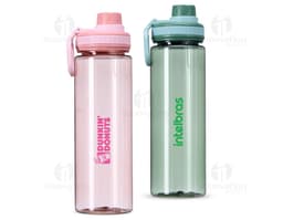 Garrafa plástica de 750ml de cor transparente, com tampa de rosca na cor azul.