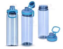 Garrafa plástica de 750ml de cor transparente, com tampa de rosca na cor azul.