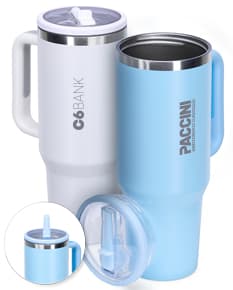 Caneca Térmica de 1,2 litros, em aço inoxidável com tampa e alça preta.