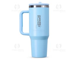 Caneca Térmica de 1,2 litros, em aço inoxidável com tampa e alça preta.