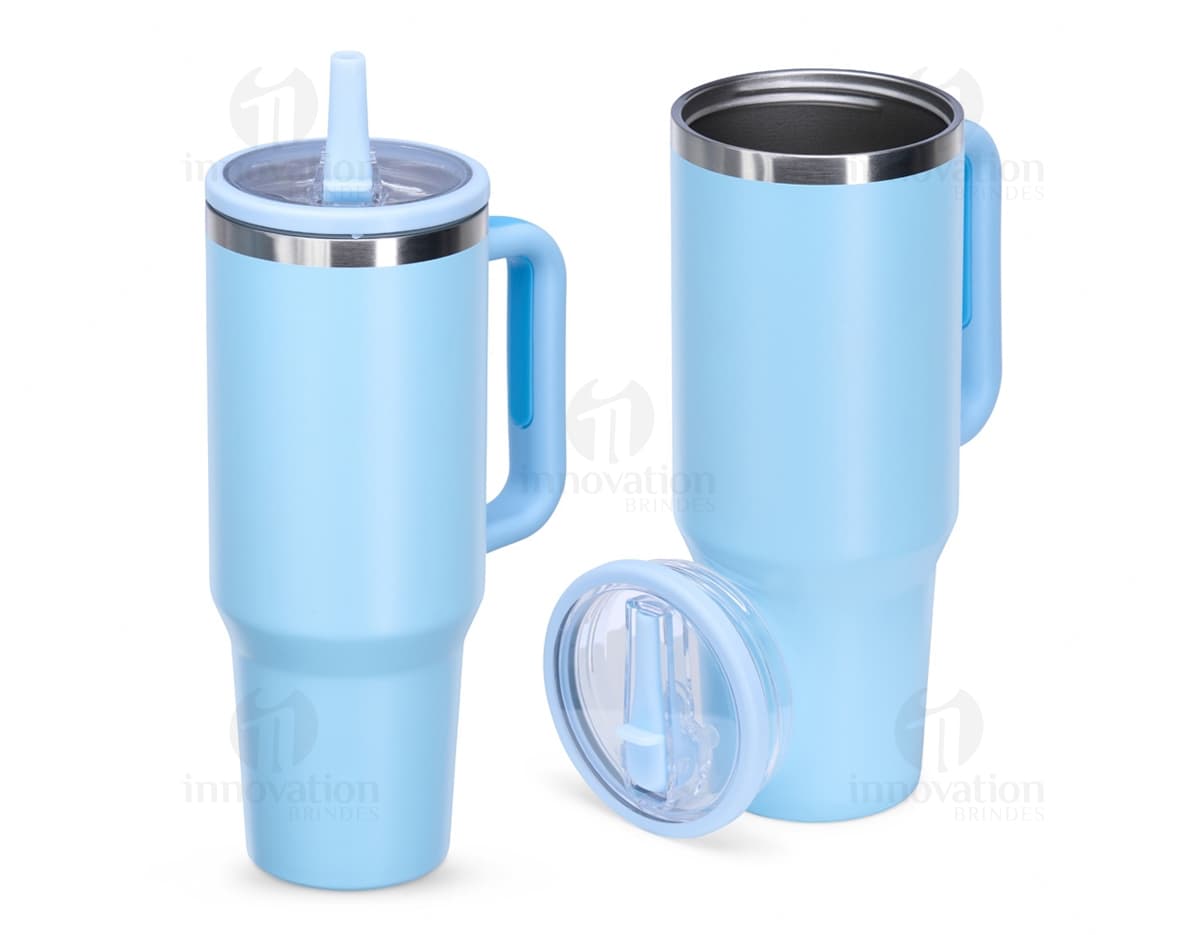 Caneca Térmica de 1,2 litros, em aço inoxidável com tampa e alça preta.