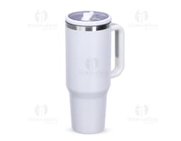 Caneca Térmica de 1,2 litros, em aço inoxidável com tampa e alça preta.