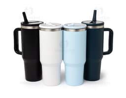 Caneca Térmica de 1,2 litros, em aço inoxidável com tampa e alça preta.