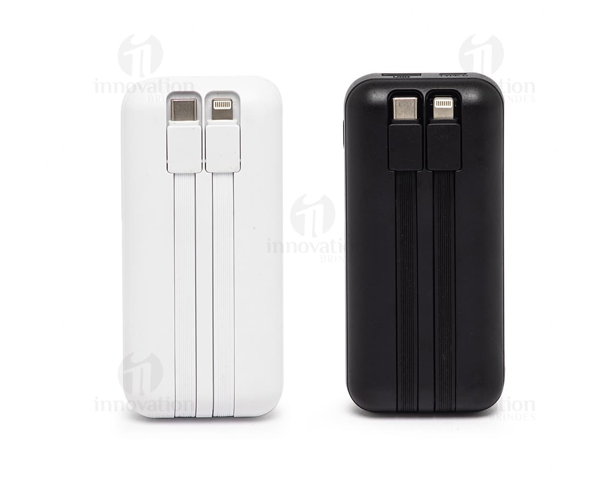 Power Bank 6.000 mAH com duas saídas, na cor preta, com indicador de bateria, cabo USB incluído e compatível com diversos dispositivos eletrônicos.