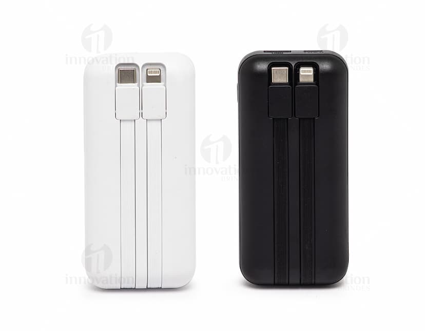 Power Bank 6.000 mAH com duas saídas, na cor preta, com indicador de bateria, cabo USB incluído e compatível com diversos dispositivos eletrônicos.