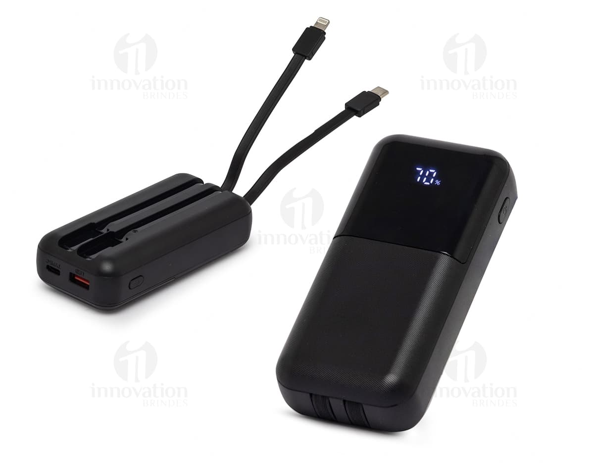 Power Bank 6.000 mAH com duas saídas, na cor preta, com indicador de bateria, cabo USB incluído e compatível com diversos dispositivos eletrônicos.