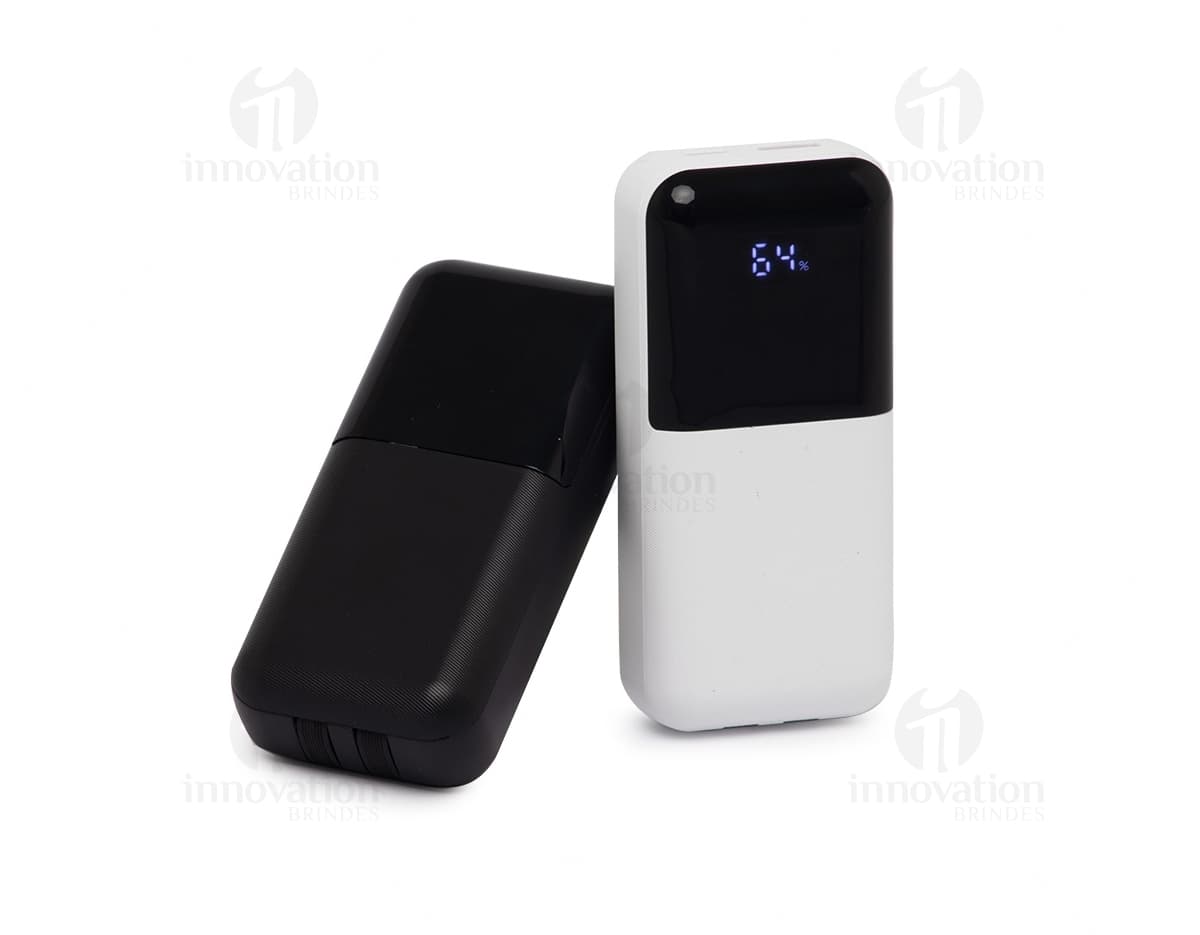 Power Bank 6.000 mAH com duas saídas, na cor preta, com indicador de bateria, cabo USB incluído e compatível com diversos dispositivos eletrônicos.