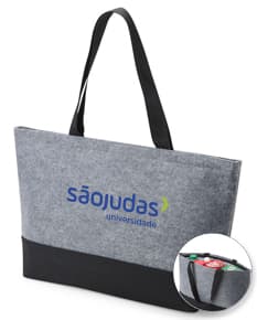 Bolsa térmica 13 litros nas cores azul e cinza, com alça ajustável e fecho em zíper.