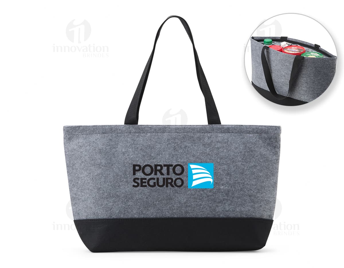 Bolsa térmica 13 litros nas cores azul e cinza, com alça ajustável e fecho em zíper.