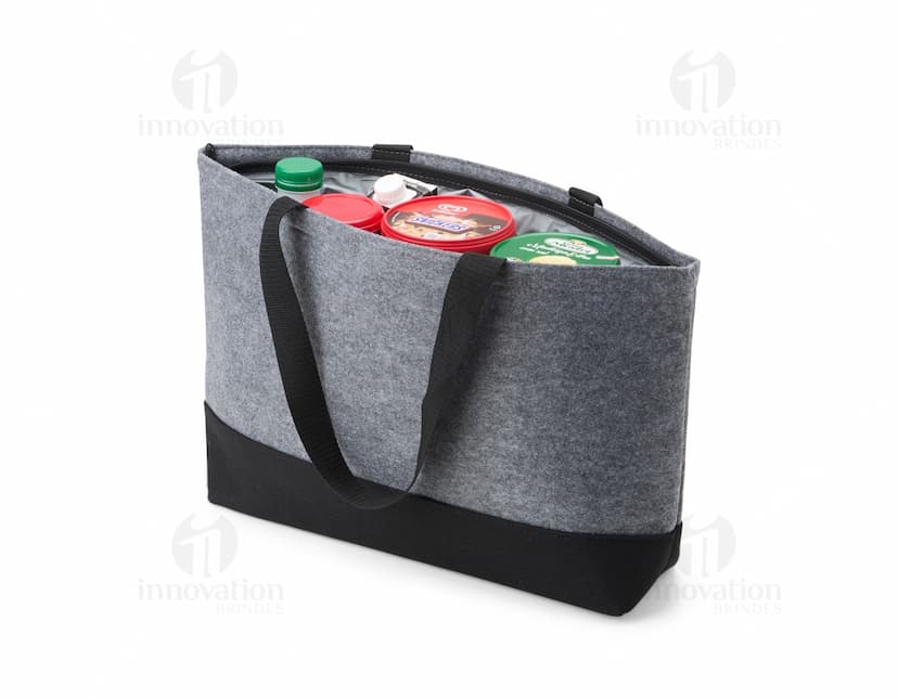 Bolsa térmica 13 litros nas cores azul e cinza, com alça ajustável e fecho em zíper.