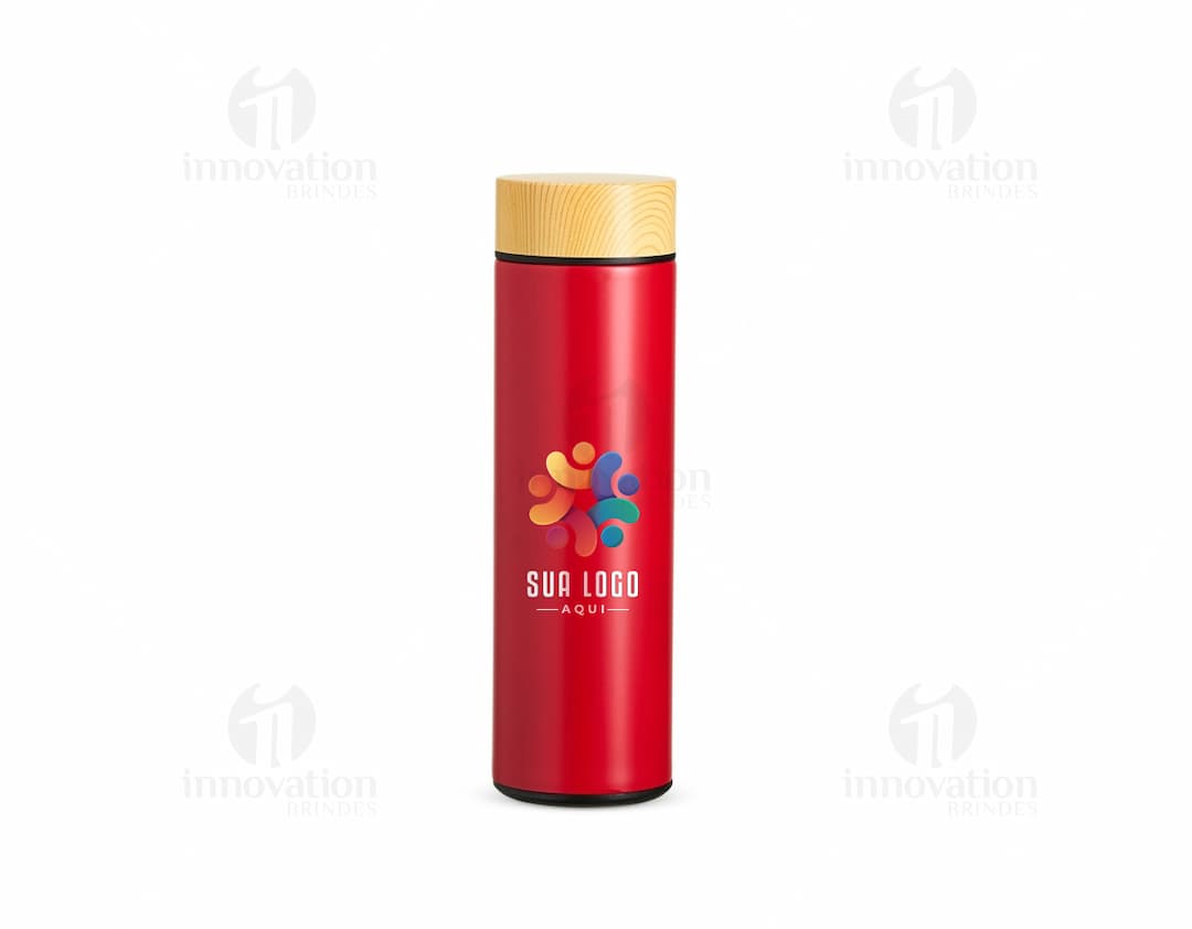 Garrafa térmica de 450ml em aço inoxidável, com tampa rosqueável e alça para transporte. Cor predominante: prata.