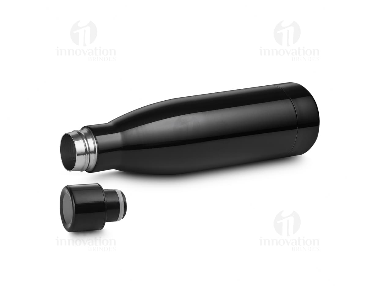 Garrafa térmica de 450ml na cor prata com tampa rosqueável e alça para transporte.