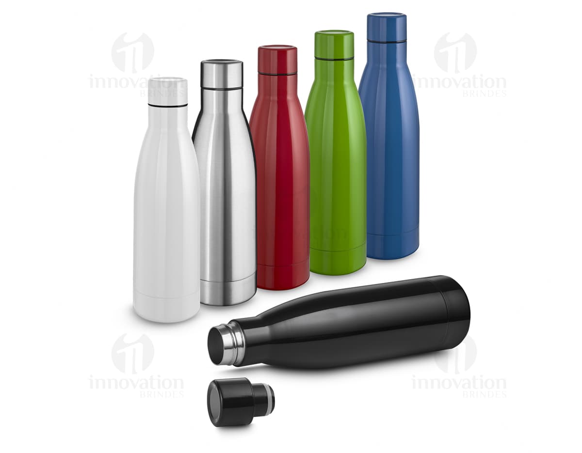 Garrafa térmica de 450ml na cor prata com tampa rosqueável e alça para transporte.