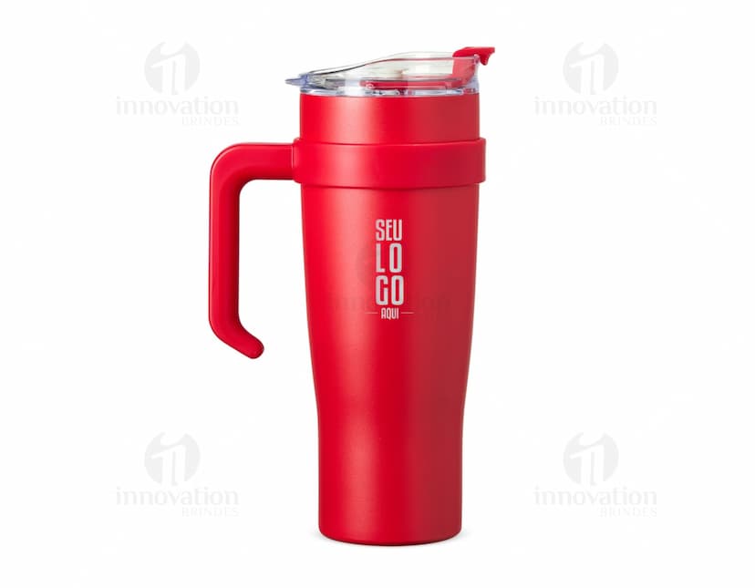 Caneca térmica de 1,2 litros na cor preta, feita de aço inoxidável, com tampa rosqueável e alça para segurar.