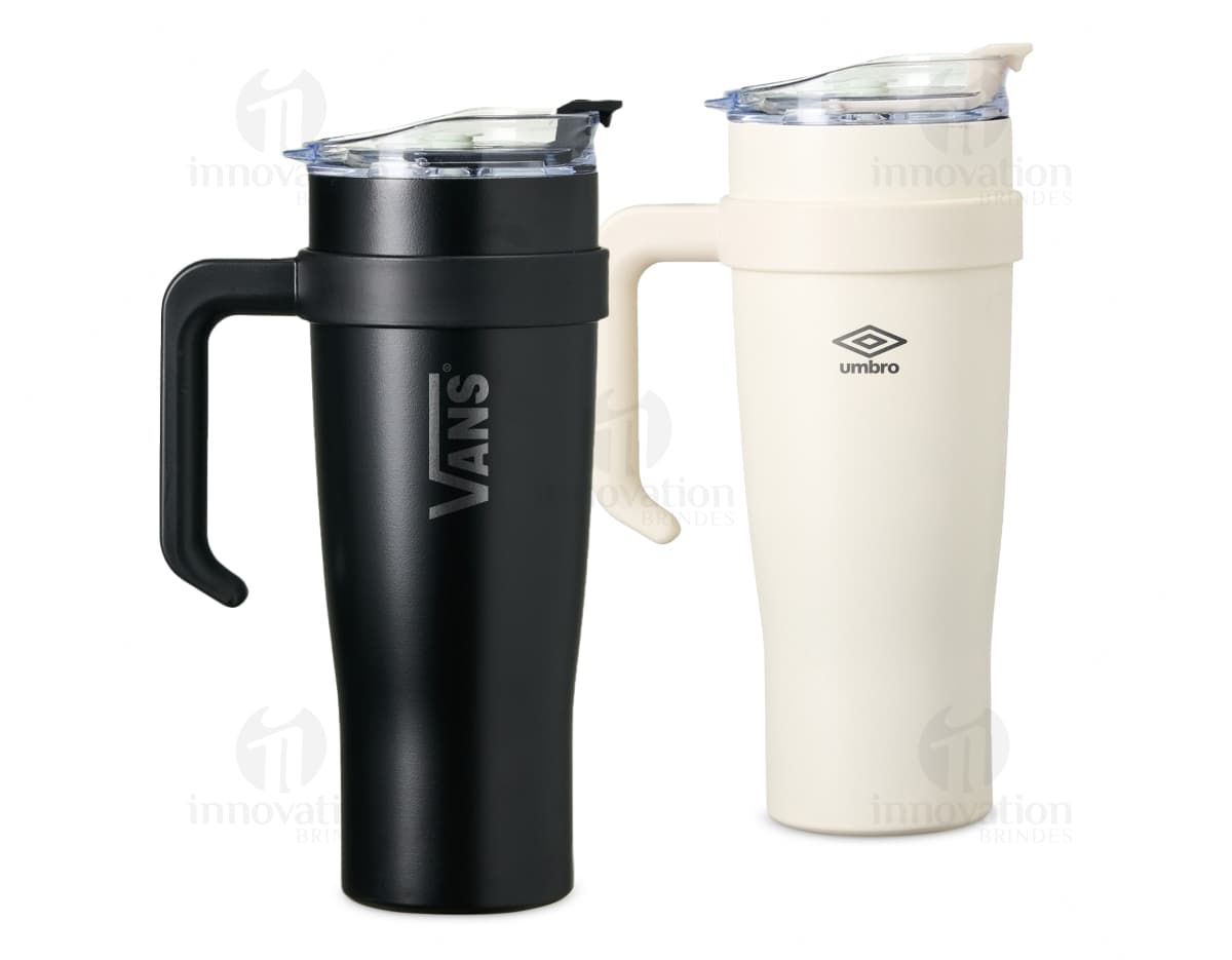 Caneca térmica de 1,2 litros na cor preta, feita de aço inoxidável, com tampa rosqueável e alça para segurar.