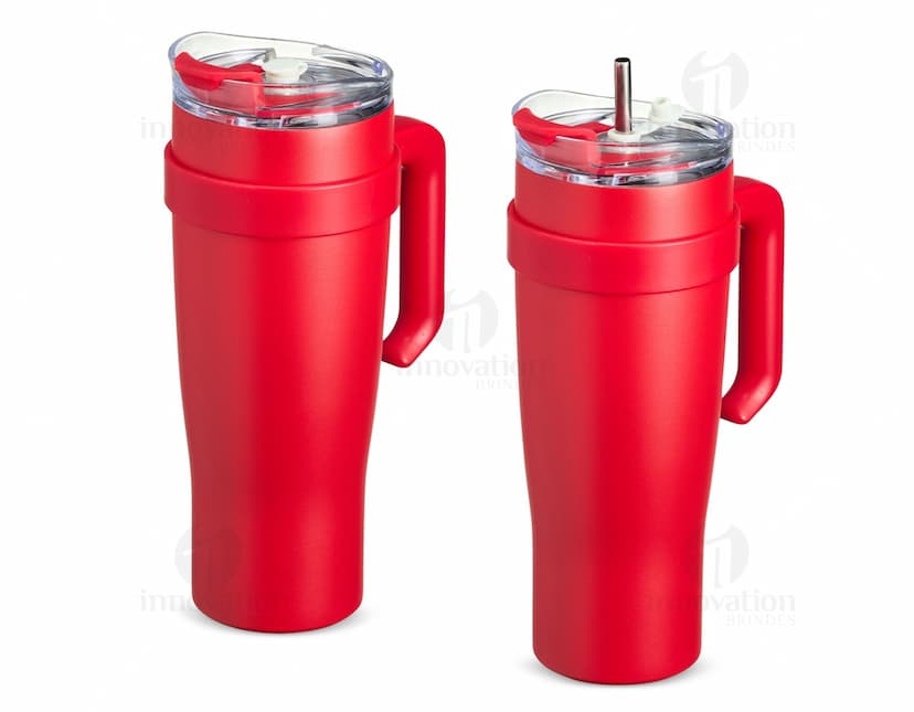 Caneca térmica de 1,2 litros na cor preta, feita de aço inoxidável, com tampa rosqueável e alça para segurar.