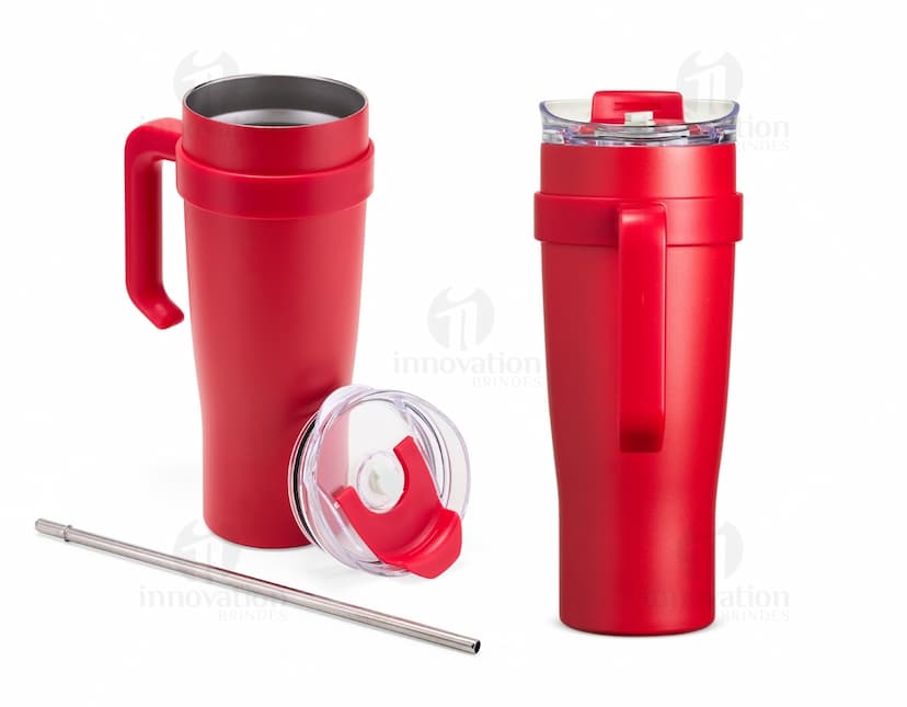 Caneca térmica de 1,2 litros na cor preta, feita de aço inoxidável, com tampa rosqueável e alça para segurar.