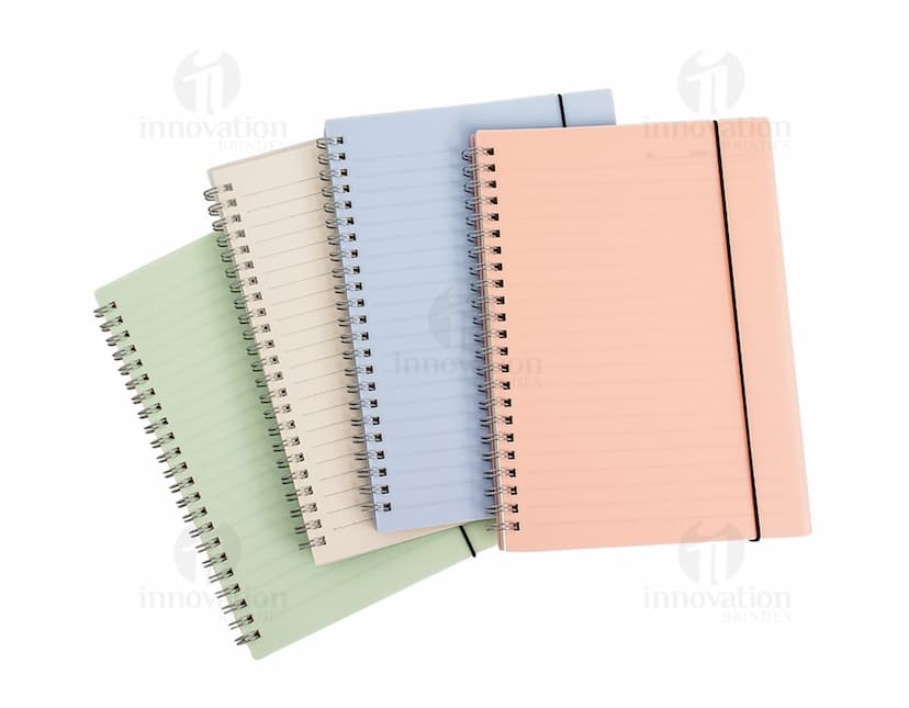 Produto: Caderno A5 Plástico. Cor rosa com capa plástica, tamanho A5 e folhas pautadas.
