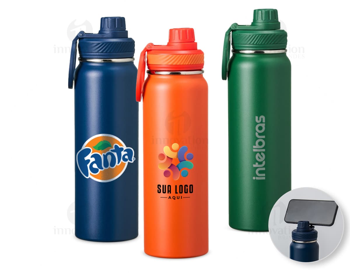 Garrafa Térmica 850ml em aço inoxidável com tampa de rosca e alça para transporte. Cor predominante: prata.